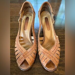 Vintage 70s Brazilian Boho Woven Leather Hurache style peep toe pumps